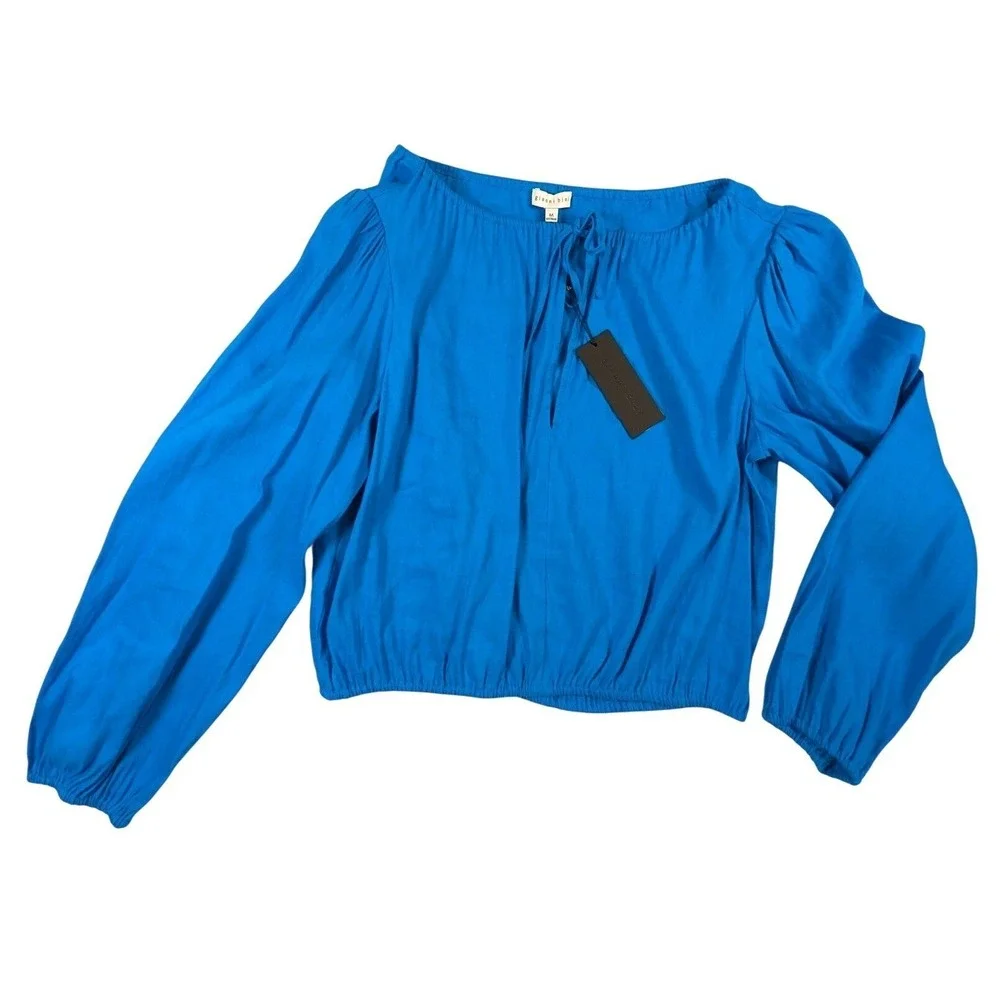 Gianni Bini Blue Linen Blend Puff Sleeve Cropped Tie Front Blouse NWT Medium - Picture 1 of 8